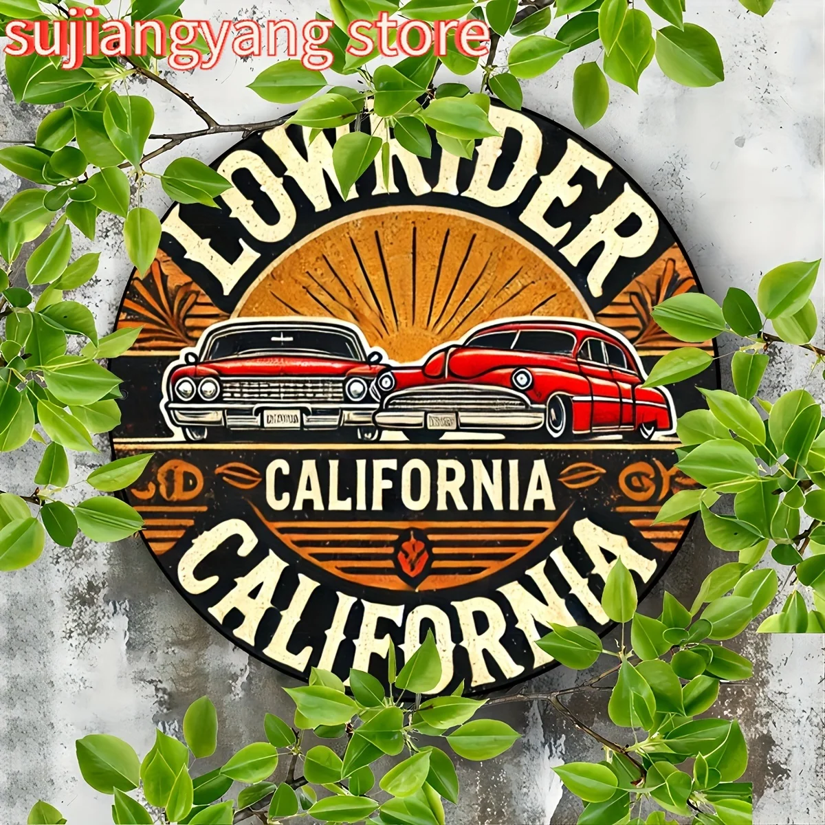 1-Pack California Lowrider Round Aluminum Sign, Vintage-Inspired Wall Decor for Home, Family, Bar, Man Cave, Garage, Scene Decor