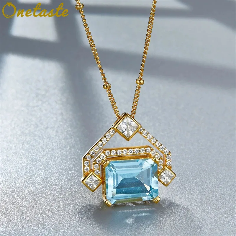 

S925 Silver 18K Gold Blue Topaz Stone Pendant Necklace Women Cubic Zirconia Geometric French Trendy Rosary Chain Necklaces Gift
