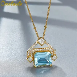 S925 Silver 18K Gold Blue Topaz Stone Pendant Necklace Women Cubic Zirconia Geometric French Trendy Rosary Chain Necklaces Gift