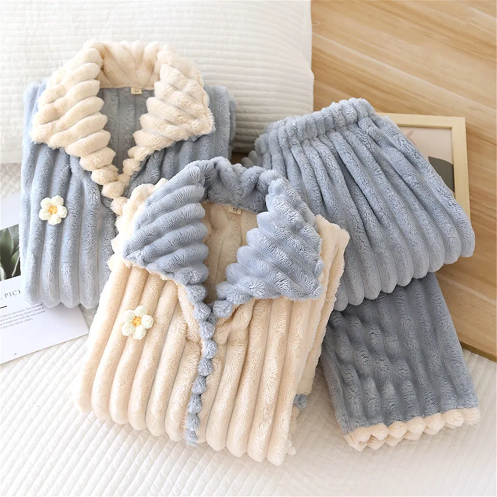 

Thickened Warm Striped Flannel Autumn Winter Pajamas Loungewear Female Cute Cartoon Sleepwear Homewear Coral Velvet Nightwear