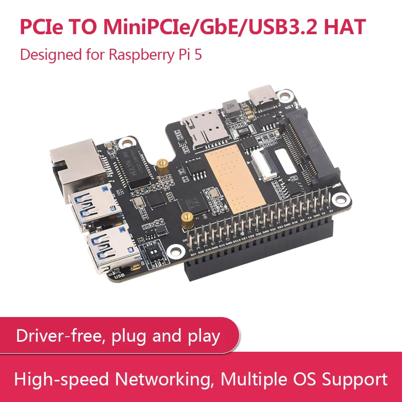 PCIe TO MiniPCIe GbE USB3.2 HAT+, Supports MiniPCIe interface 4G Module, High-speed Networking, Raspberry Pi 5 HAT