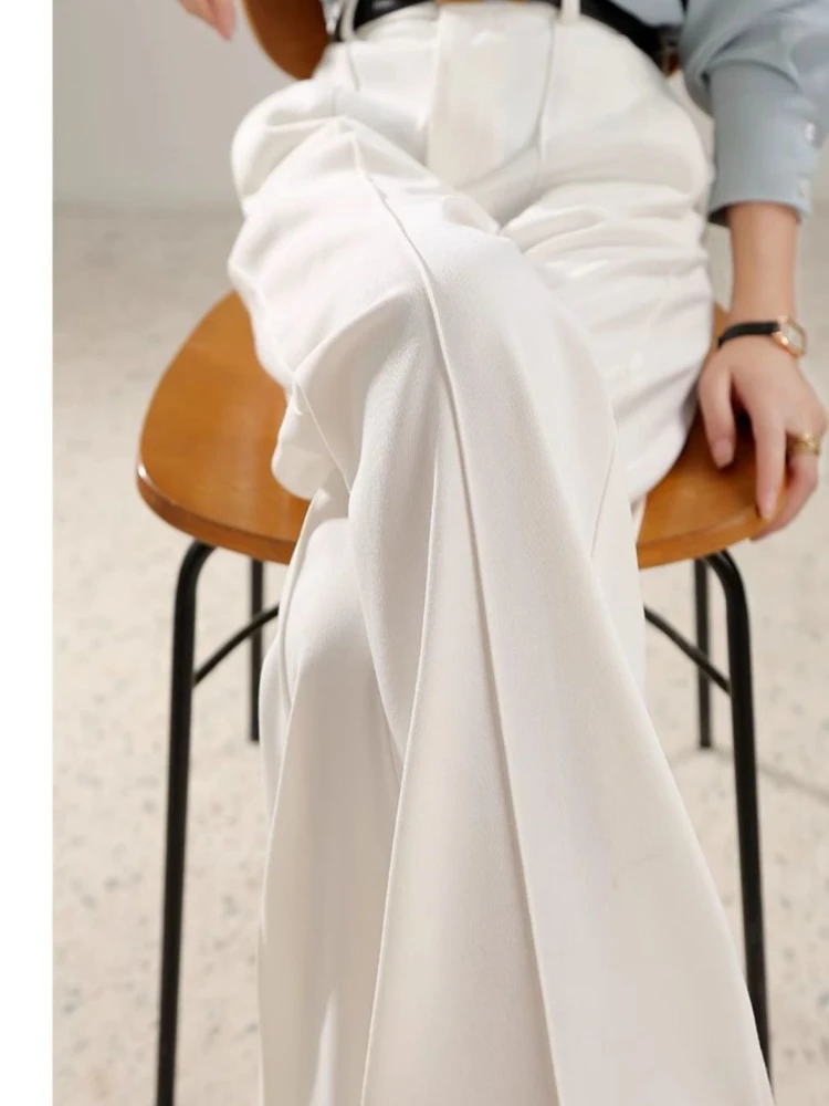 جديد ربيع وصيف 2025 سراويل عالية الخصر واسعة الساق للنساء بيضاء عالية الخصر مستقيمة فضفاضة بطول كامل سراويل نسائية