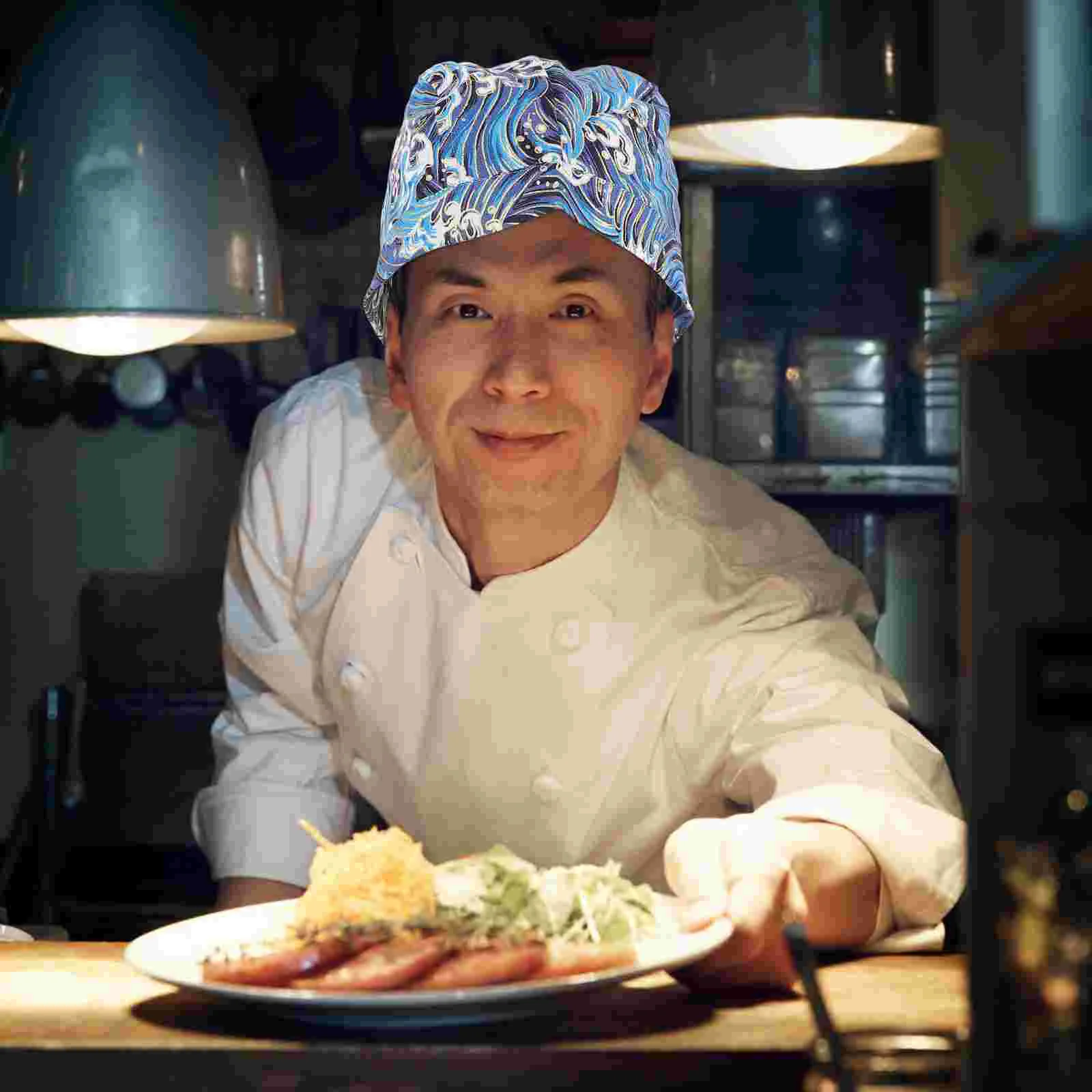 Japanese Restaurant Chef Hat Unisex Wave Pattern Adjustable Kitchen Work Cap Non Fade Comfortable Professional Look Service