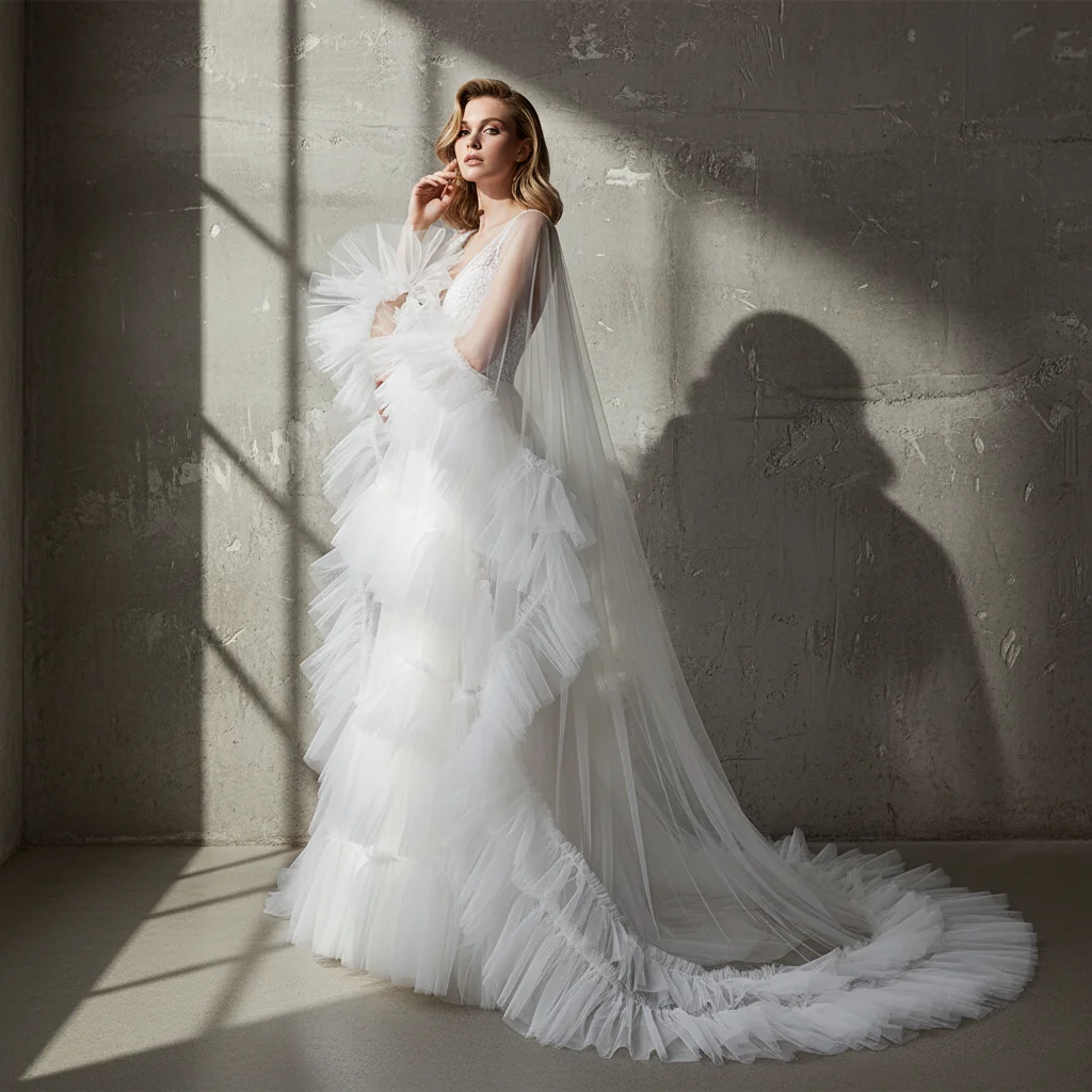 Elegant Classic Long Bridal Shawl Multiple Layers Ruffled Edges Trailing Wedding Cape for Women Bride Formal Ceremony GP03