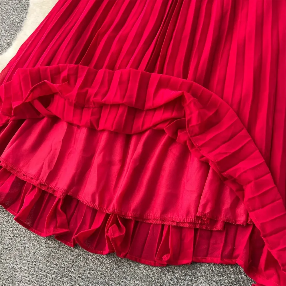Sexy Two Pieces Sets Chic Turn-down Collar Short Sleeve Top with Solid Pleated  High Waist A-line Skirt Beach Vacation Sets