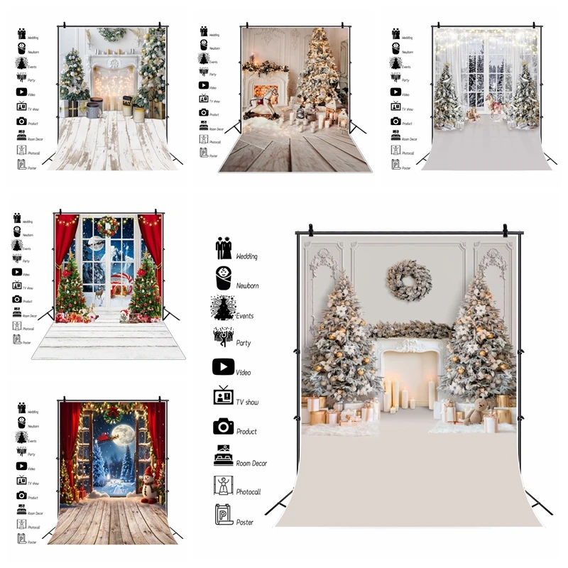 Winter Christmas Photography Background Xmas Tree Candle Fireplace Wood Floor Family Festival Party Kids Portrait Photo Backdrop