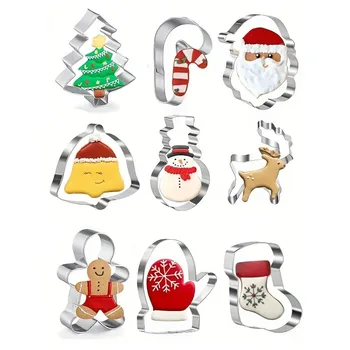 9pcs Christmas Cookie Cutters, Stainless Steel Pastry Cutters, Biscuit Molds, Baking Tools
