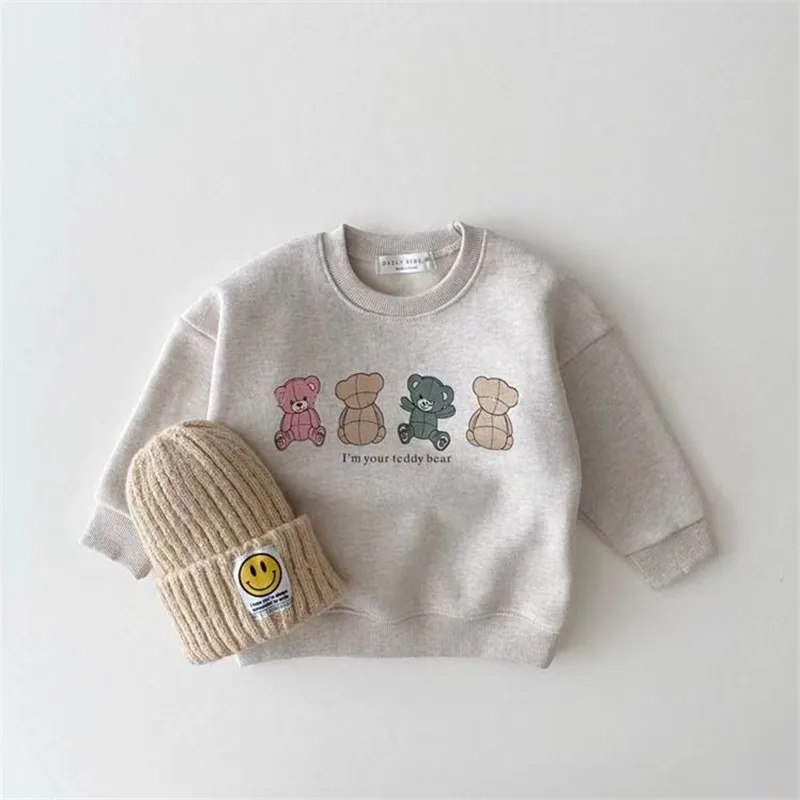 2024 New Baby Hoodies Cute Bear Print Infant Boys Cartoon Tops Autumn Kids Long Sleeve Sweatshirt Cotton Girls Clothes