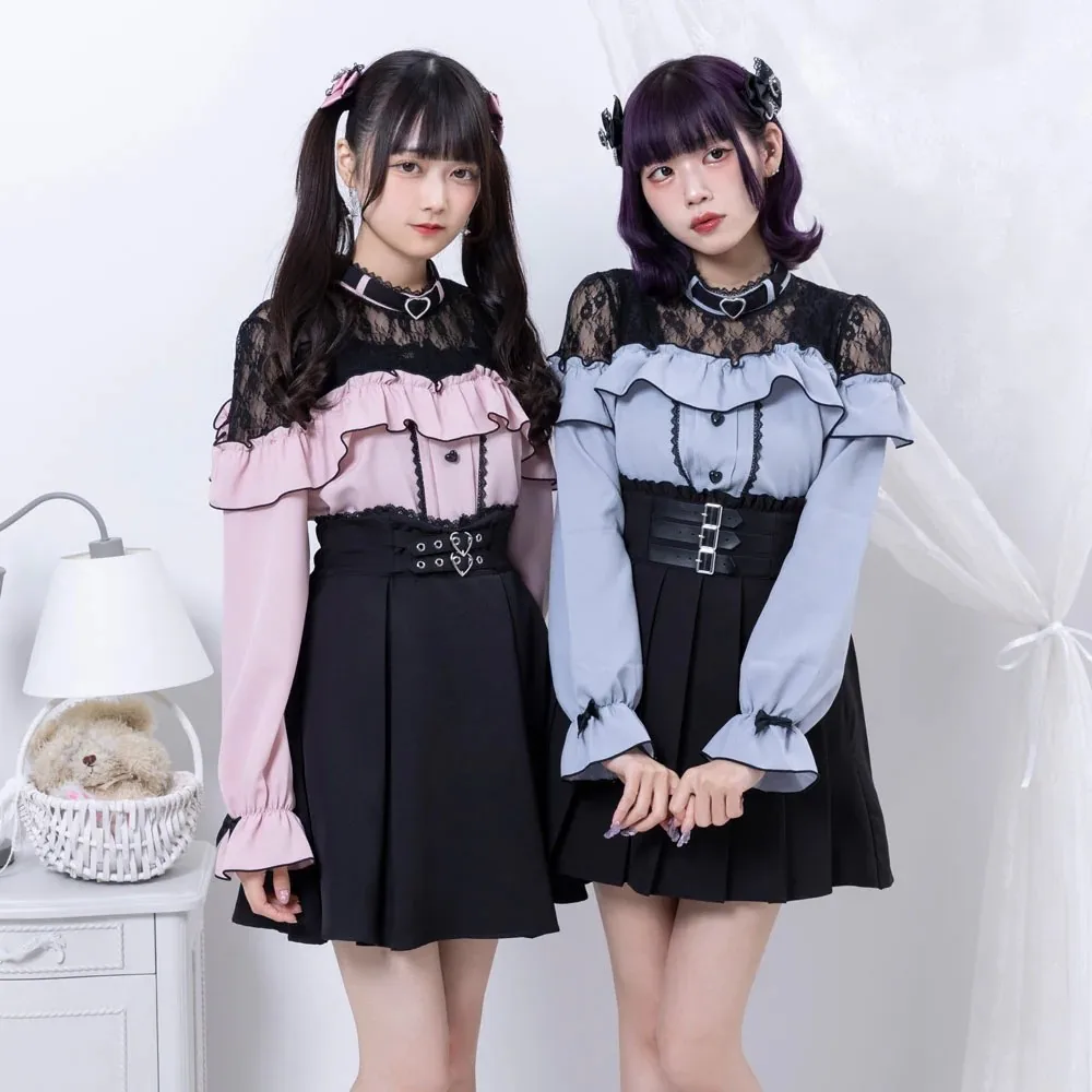 Japanese Mine Style Lace Splicing Ruffles Love Buckle Single-breasted Blouse Tops Sweet Lolita Long Sleeve Inner Shirt For Women