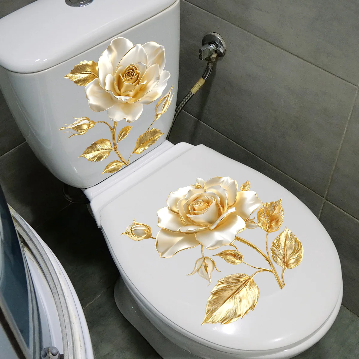 2PCS DIY Bathroom Sticker Golden Rose Design for Bathroom Water Tank Decoration Toilet Sticker Detachable Waterproof