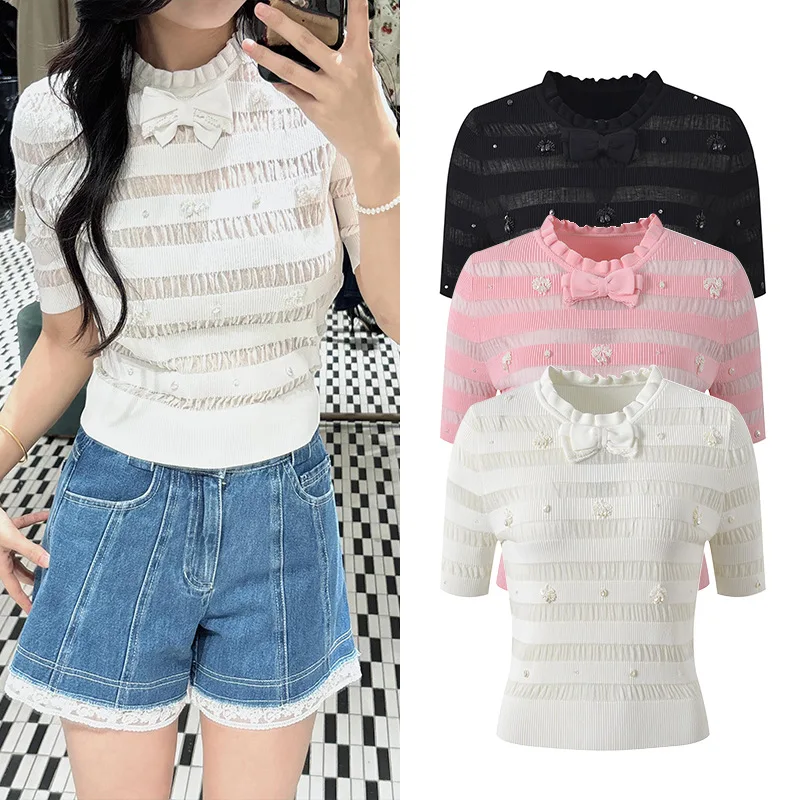 

Вязаная футболка Sweet Preppy Sle Bead Embellied ort Sve, лето 2022, универсальный женский топ из ледяного шелка Faion