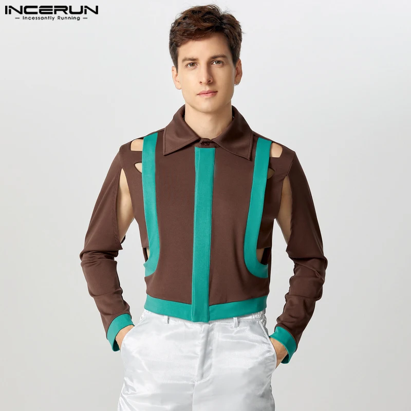 Fashion Casual Style Tops INCERUN Men Deconstruction Splicing Contrast Color Shirts Sexy Male Hollow Cropped Long Sleeved Blouse