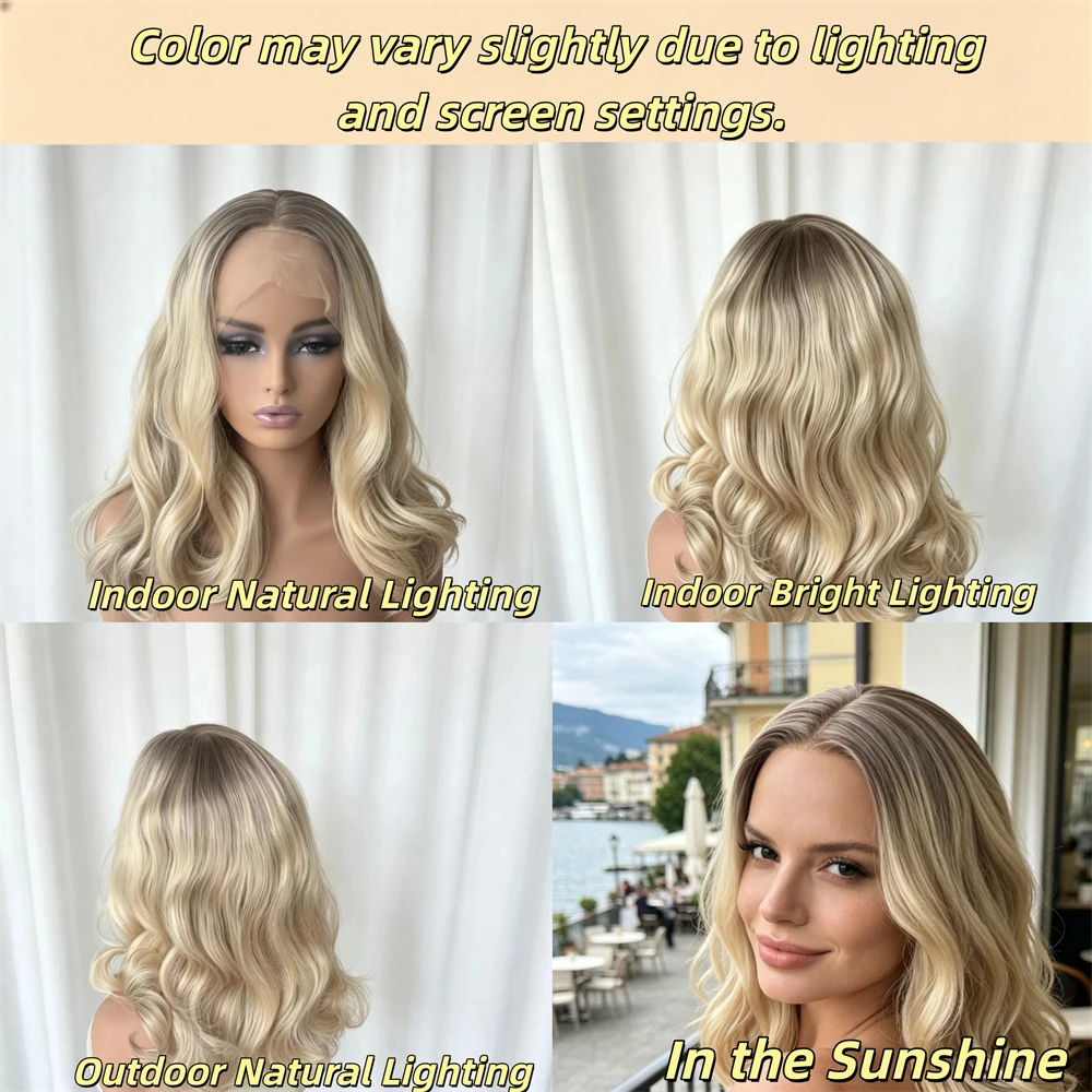 Free Part Ombre Creamy Blonde Streaks Synthetic HD Lace Front Wig Heat Resistant Fiber Wig Preplucked Hairline Short Wave Bob
