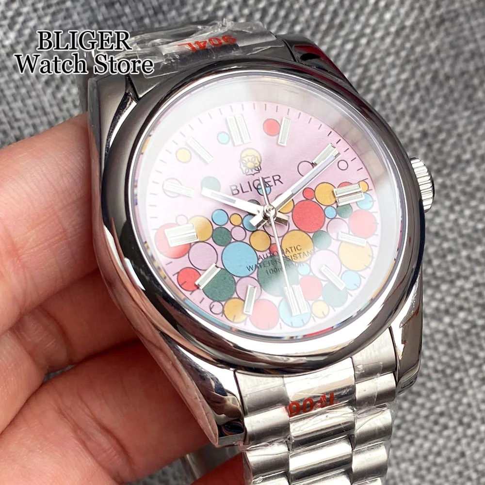 BLIGER Blue Pink Green 36mm 39mm Polished Bezel NH35A PT5000 Automatic Men Watch Bubble Dial Steel Bracelet Sapphire 2023 New