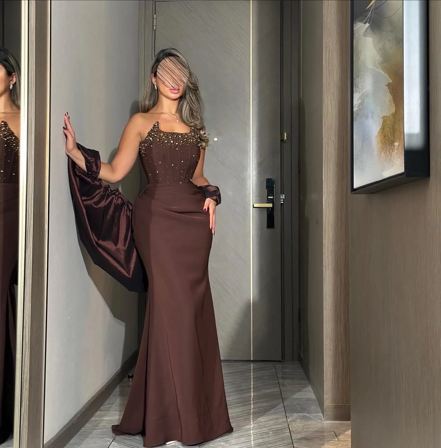 

Custom Made Exquisite Off Shoulder Pleated Evening Dress Beading Sheath Backless Floor Length Saudi Arab Dress with Cape