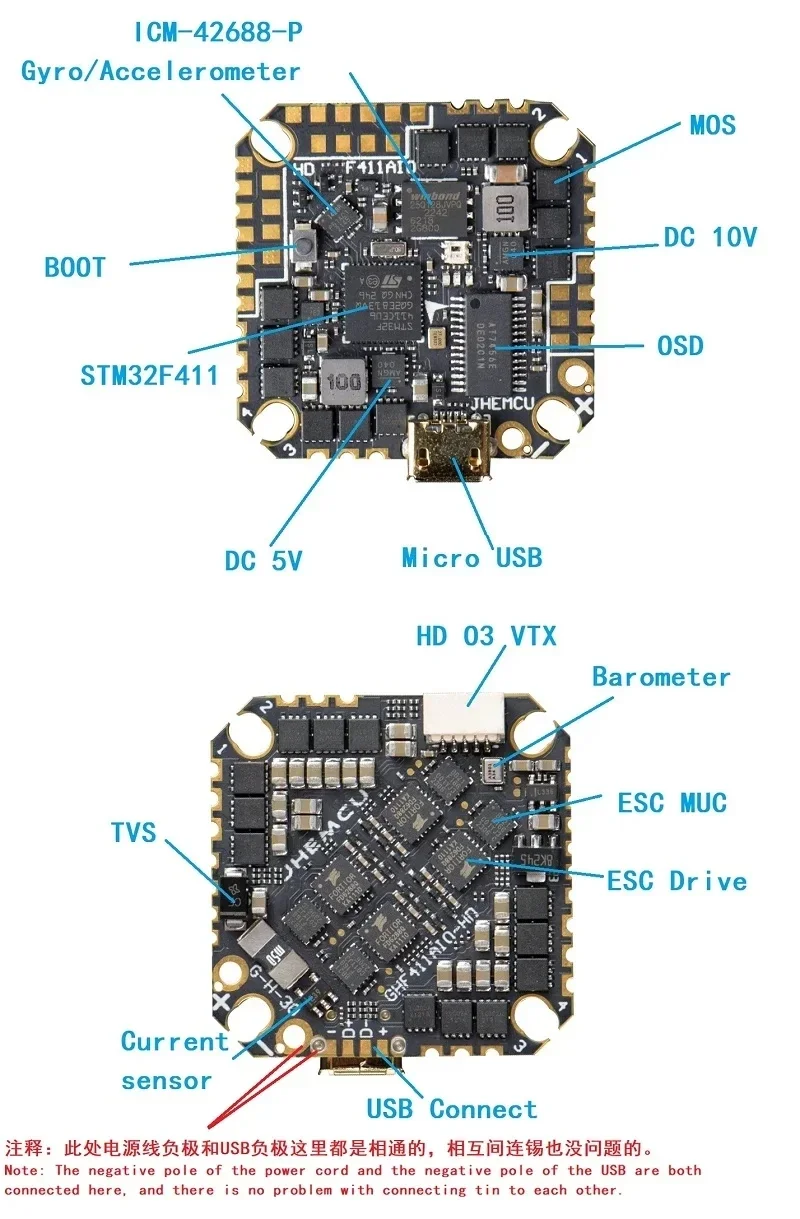 JHEMCU GHF411AIO-HD 40A F411 ICM42688P kontroler lotu BLHELIS 40A 4w1 ESC 3-6S dla wykałaczek RC FPV dron wyścigowy