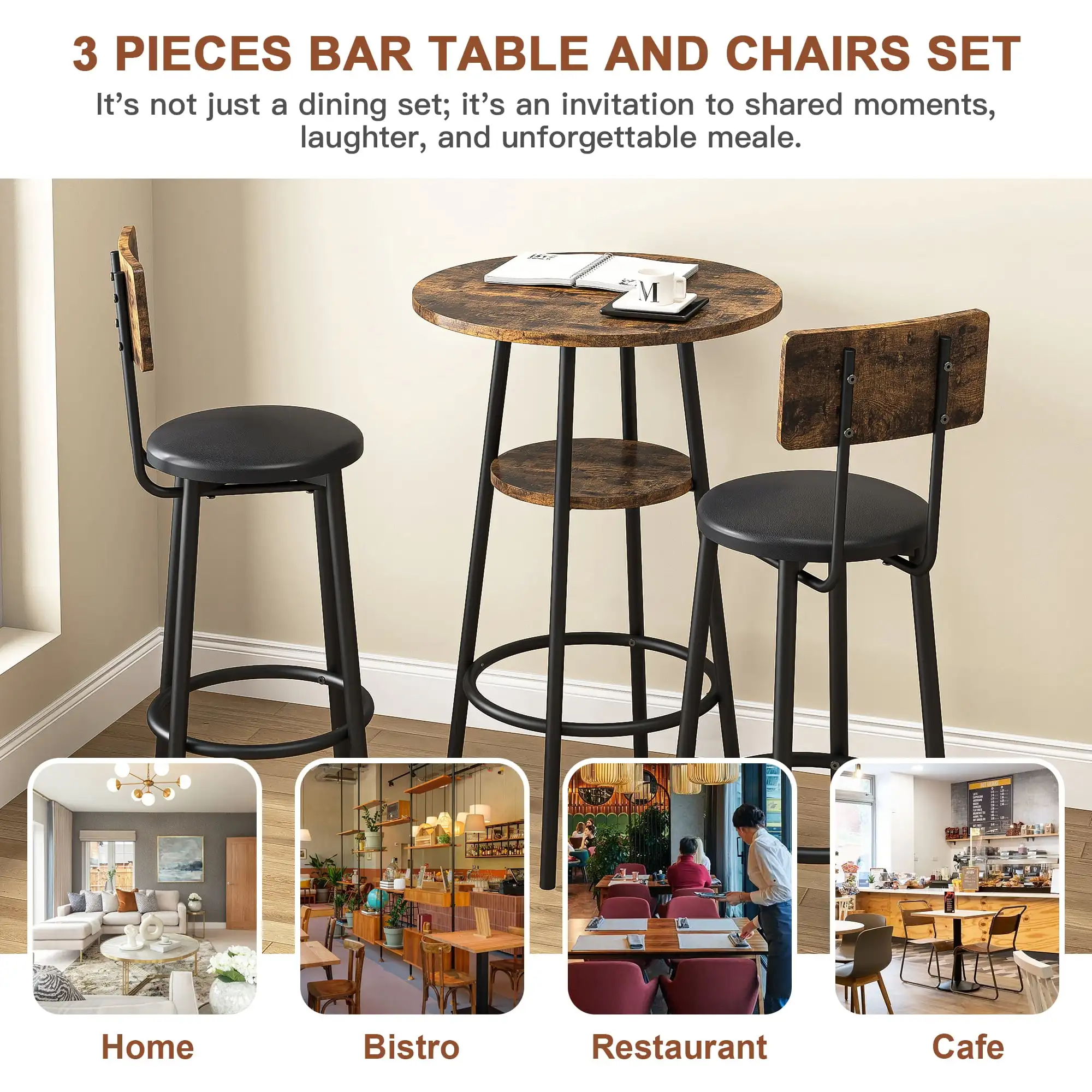 3-Piece Dining Round Table and Chairs Set, Industrial Bar Table Set Kitchen Table and 2 Stools on Breakfast Nook, Rustic Brown