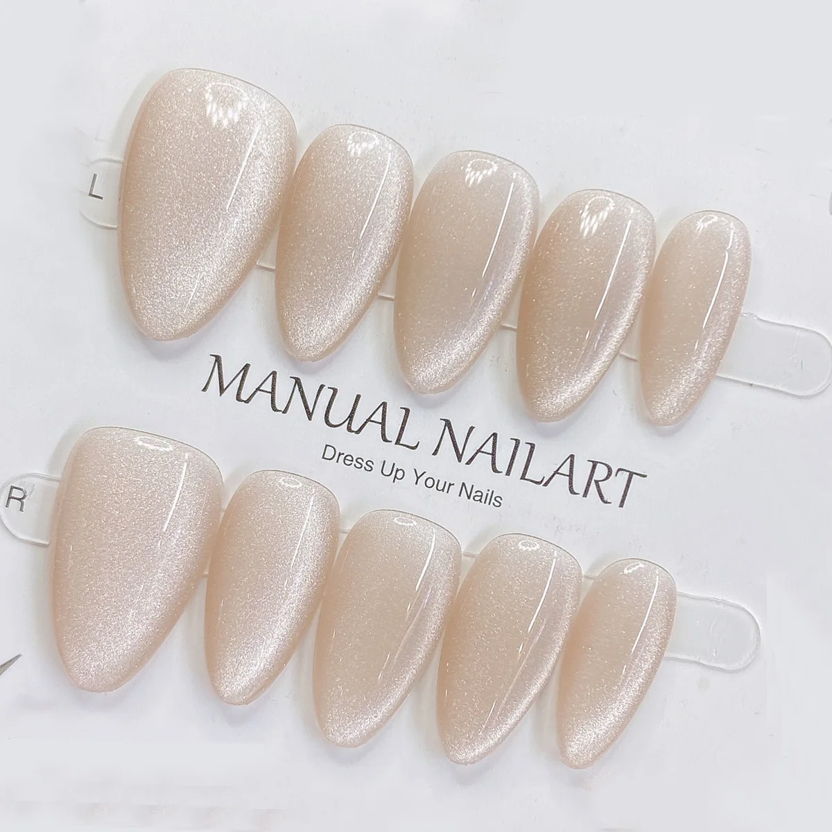 

10 шт., накладные ногти ручной работы, классические телесные миндалевидные блестящие накладные ногти «кошачий глаз» для женщин и девочек, съемные носимые накладные ногти