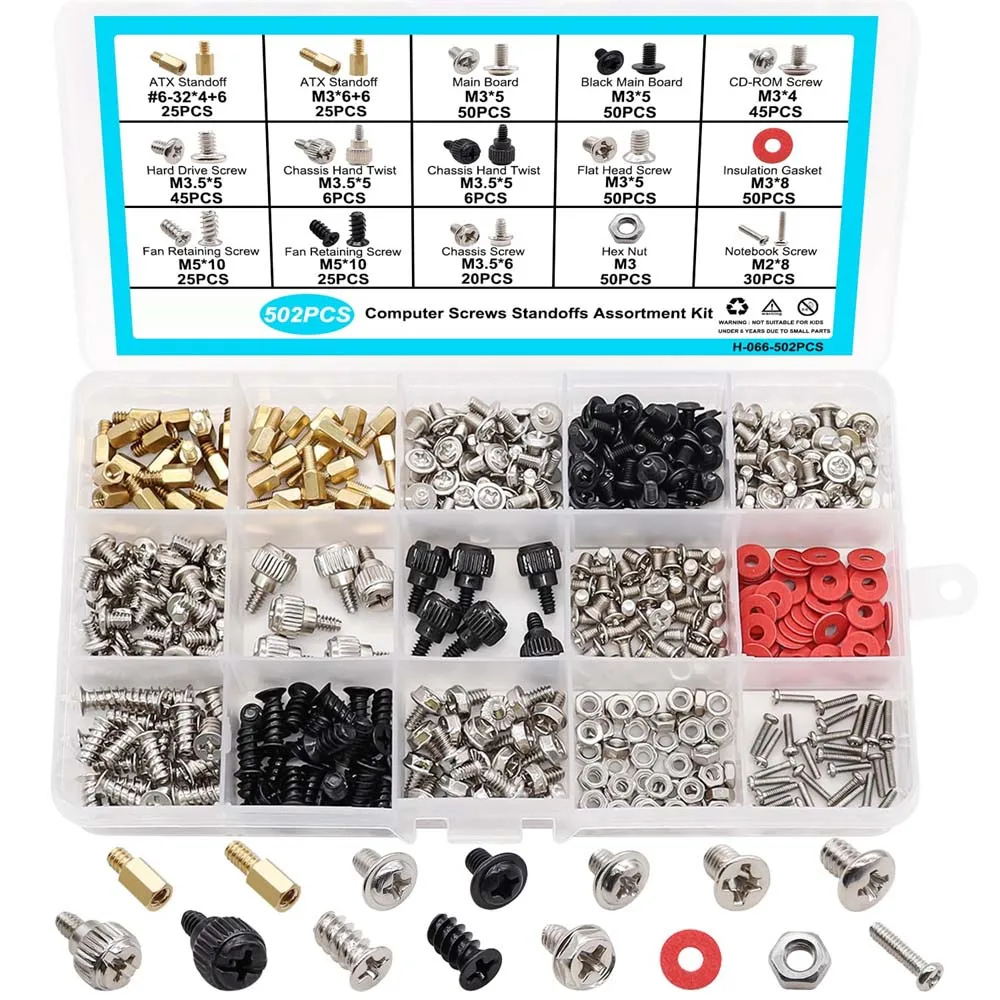 502PCS Computer Screws Assortment Kit, Motherboard Standoffs Screws for PC Fan, PC Case, HDD Hard Drive, ATX Case, Laptop, SSD