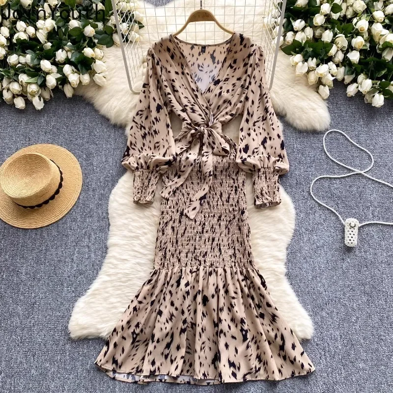 Vintage Woman Dress V-neck Lantern Sleeve Temperament Robe Femme Tunic Folds Bodycon Print Maxi Dresses 2024 Vestidos De Mujer