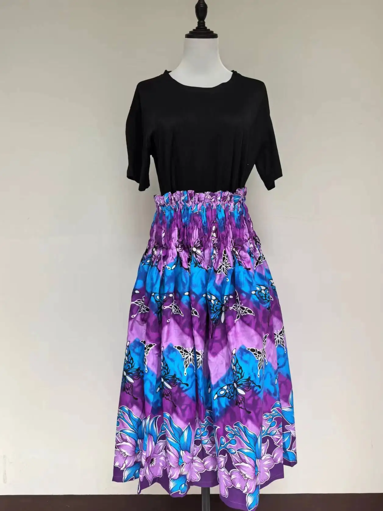 훌라 댄스 스커트 하이 웨이스트 맥시 하프 길이 레인보우 플로럴 프린트 A라인 스커트 프레시 스타일 폴리에스터 원단 여름 공연 스커트