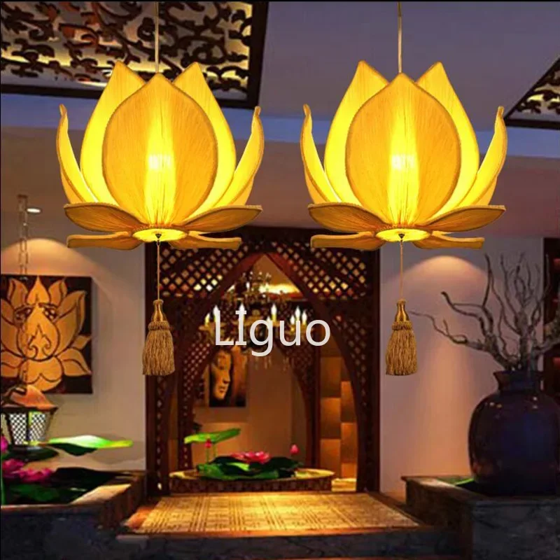 New LED Chinese Cloth Lotus Chandelier Classical Lamp Buddha Hall Temple Living Room Restaurant Pendant Lighting Decor  Fixtures