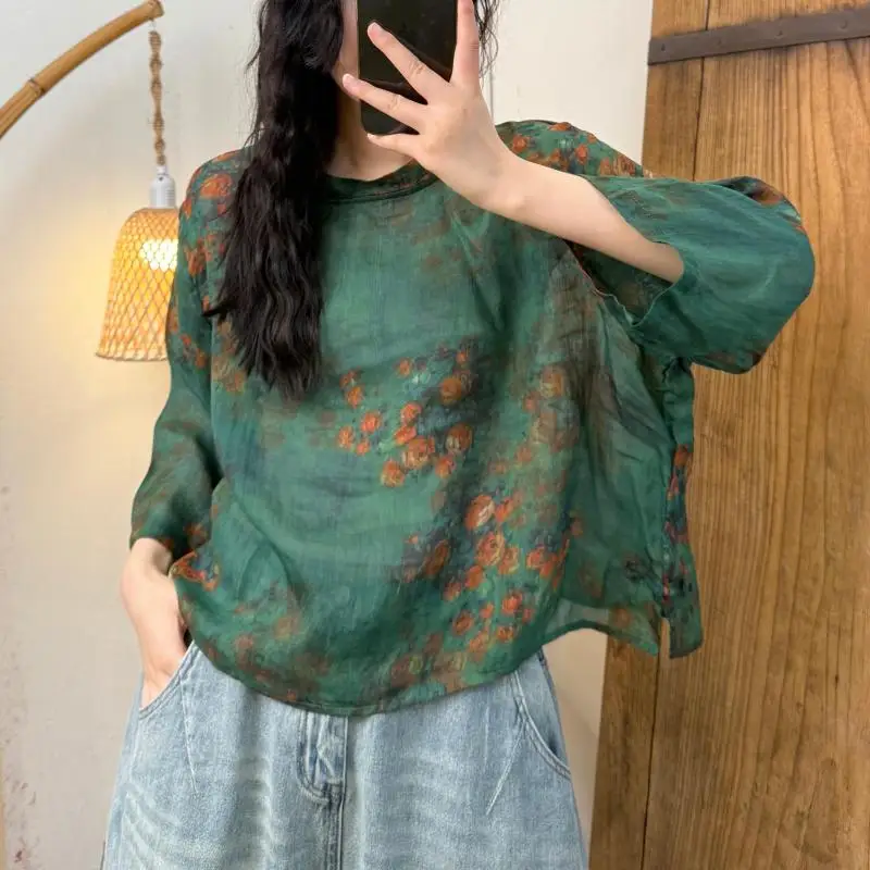 New Spring Summer Arts Style Women O-neck Loose Casual Tshirt High Quality Thin Ramie Vintage Print Tee Shirt Femme Tops TH13