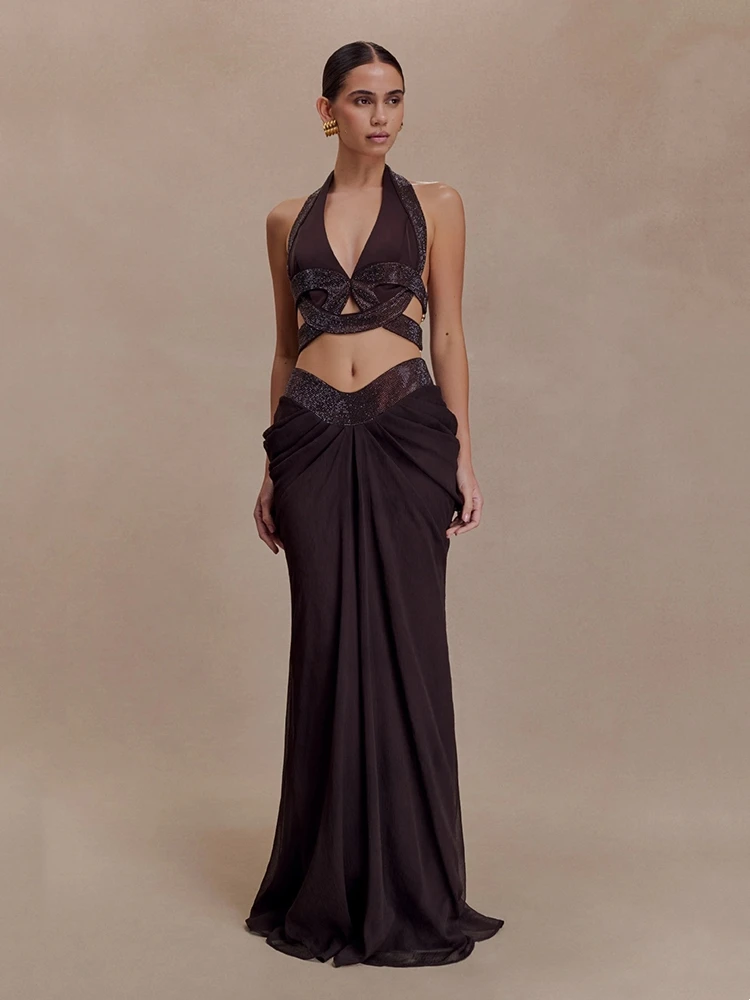 Women Diamonds Skirt 2 Piece Set Women Halter Neck Backless Hollow Out Crop Top + Rhinestones Folds Slim Skirts Suits Evening