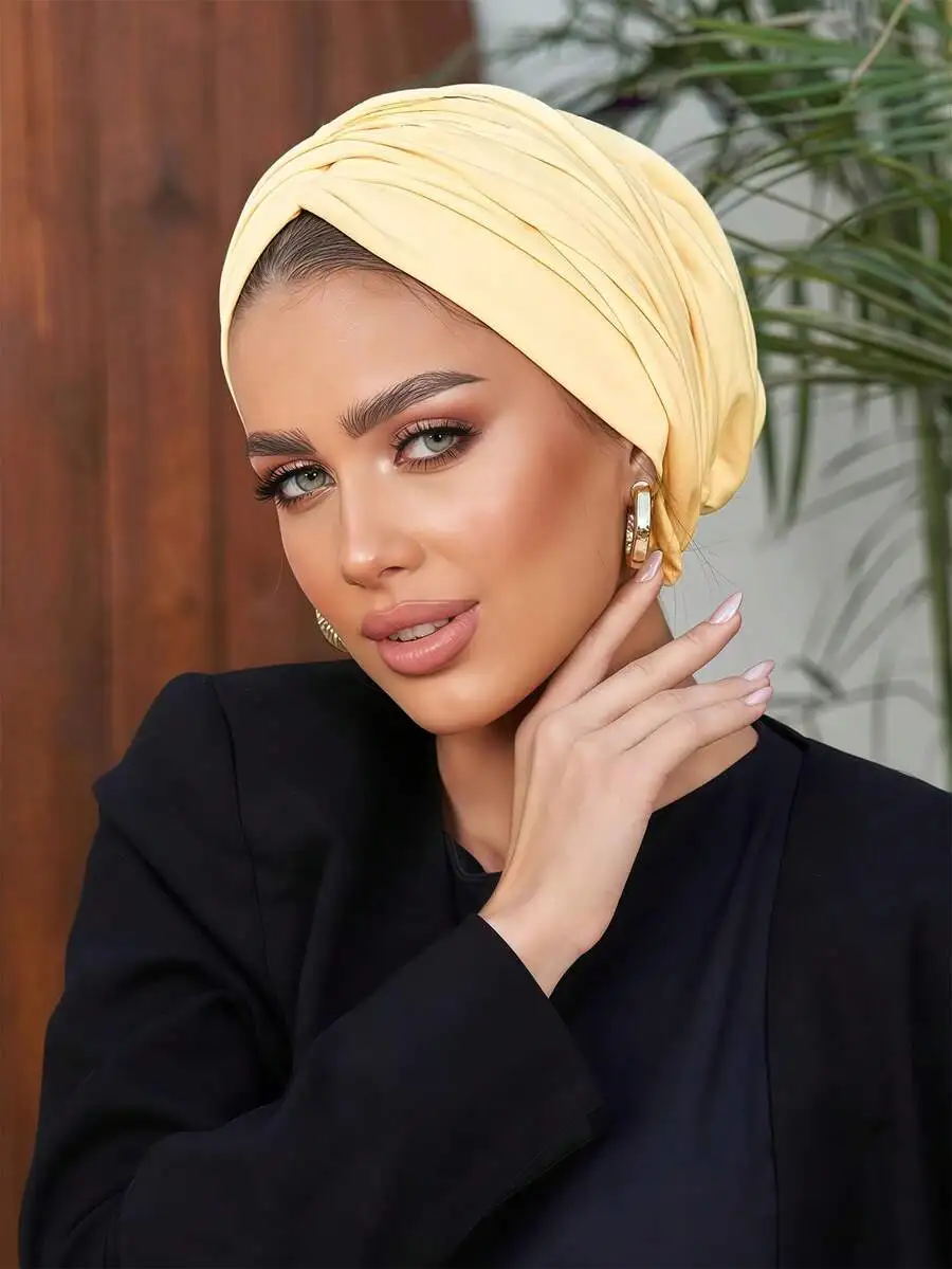 

Womens Solid Color Pleated Turban Hat, High Elasticity Breathable Modal Knitted Headscarf For Hijab Daily Wear