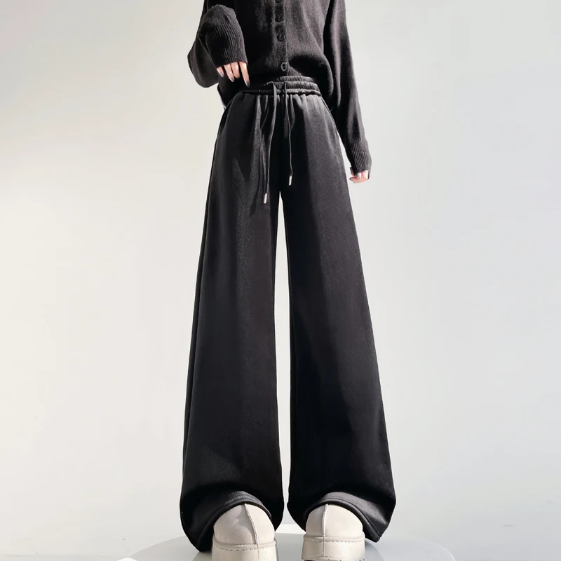 2025 outono inverno novo sle fce forrado thi bla veludo dstring calças de perna larga calças casuais versátil calças compridas