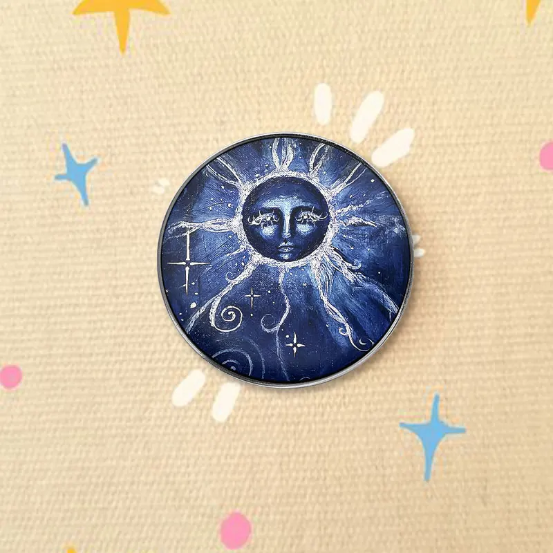 Blue Sun God Face UV Printing Pin Boho Style Celestial Fantasy Art Brooch Backpack Lapel Badge Jewelry Gift