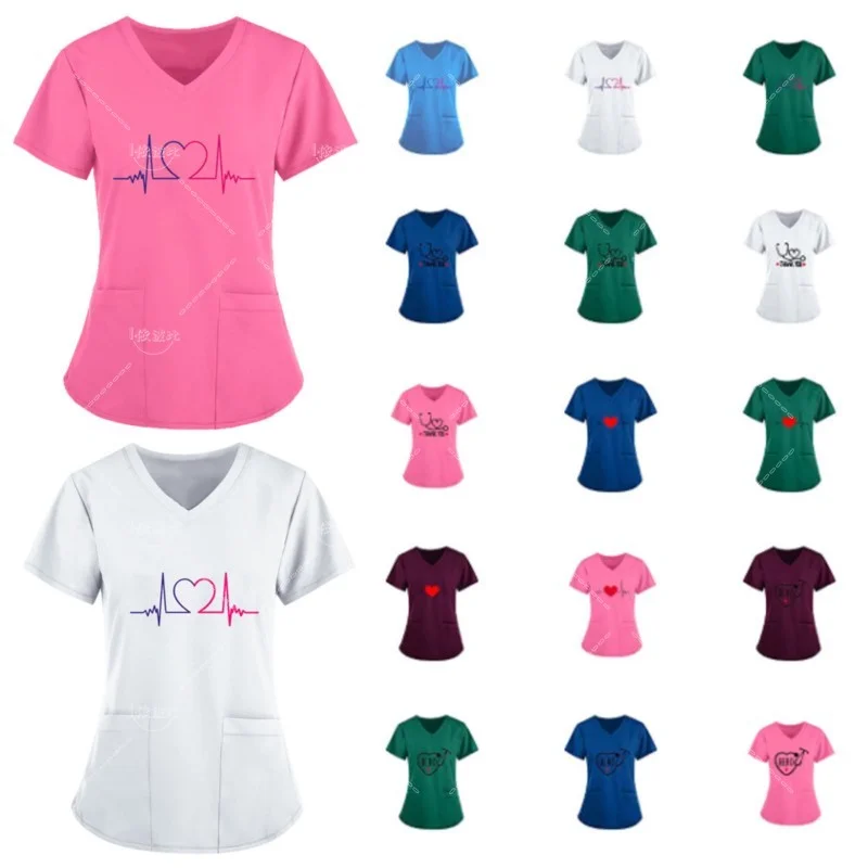 Women Working Uniform Print Pocket Pet Grooming Nurse Uniform Solid Short Sleeve Spa V-neck Scrub Tops Healthcare accessories