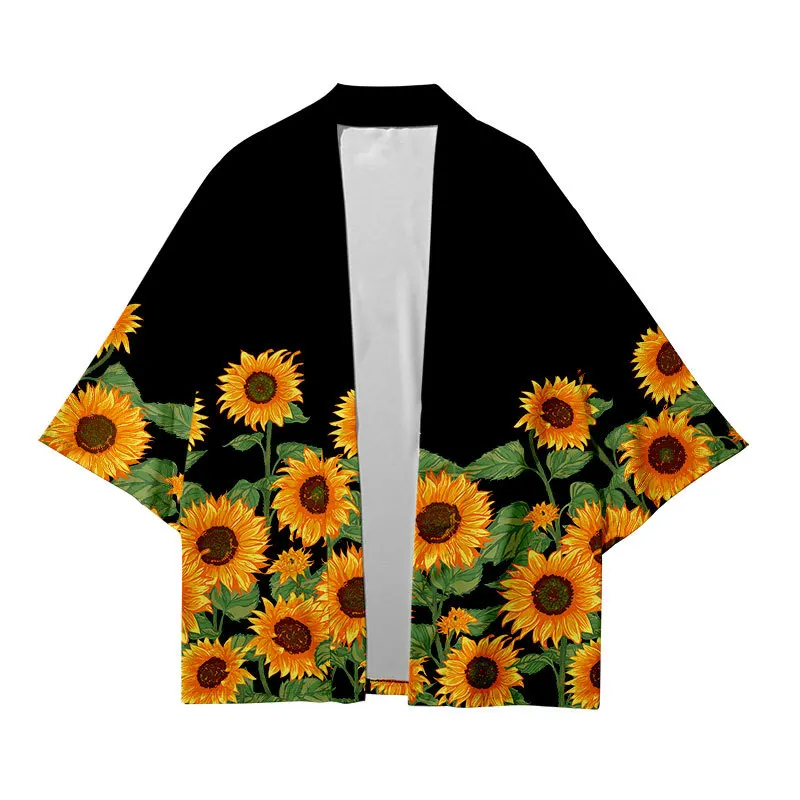 Fashion Kimono Streetwear motif bunga matahari Cosplay kemeja kardigan tradisional Haori wanita pria Harajuku jubah Yukata Jepang