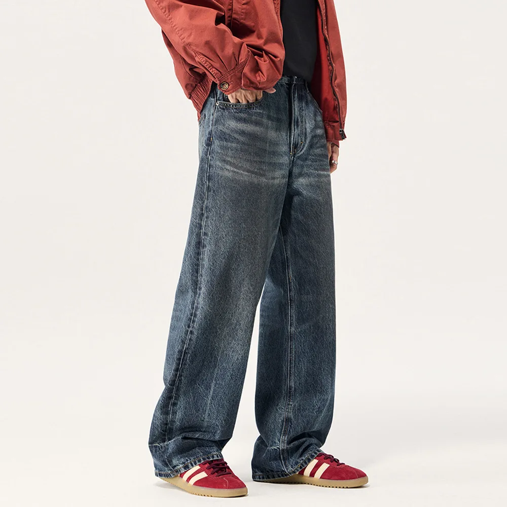 

Wasteland style washed dirty jeans men's retro punk niche loose spray-painted distressed straight casual trousers