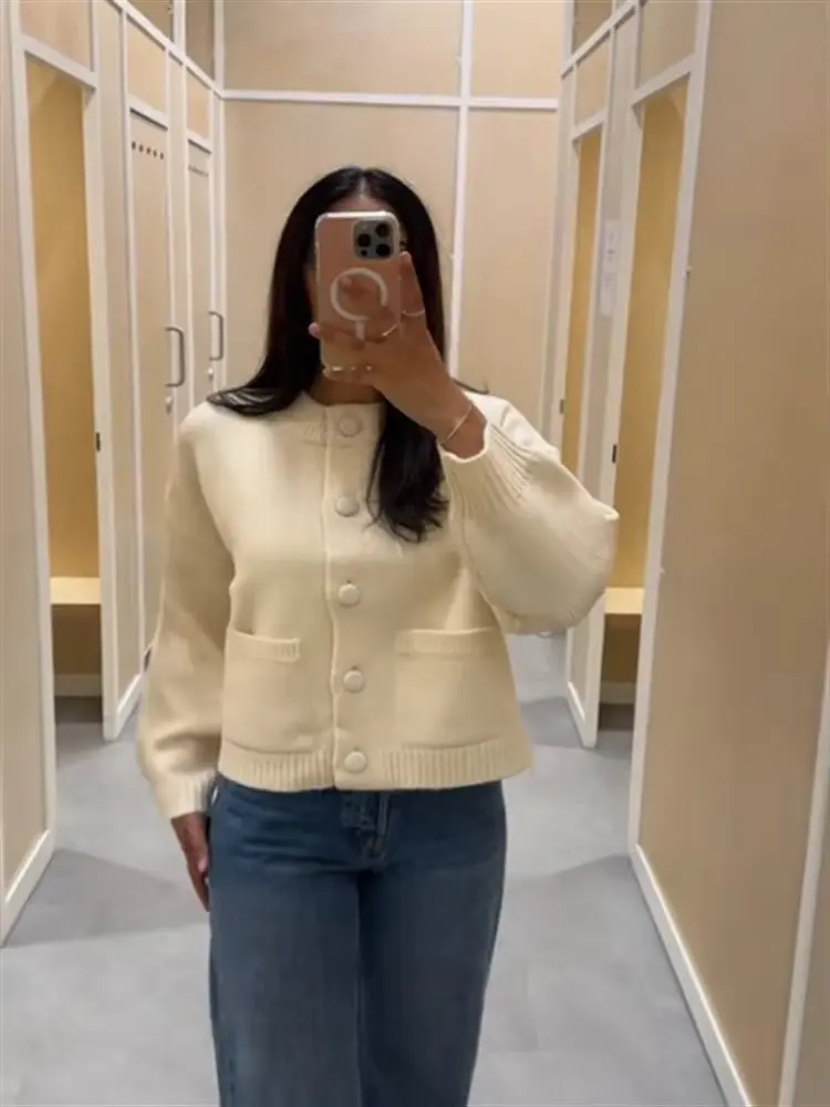 Casual Knitted Sweater Women Solid Long Sleeve O-neck Single-breasted Pockets Knitwear 2025 Autumn Winter Fashion Lady Outwears