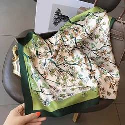 Luxury Green Plant Butterfly Printed Square Scarf Elegant Style Thin Silky Neck Scarf Spring Summer Outdoor Sunscreen Headscarf