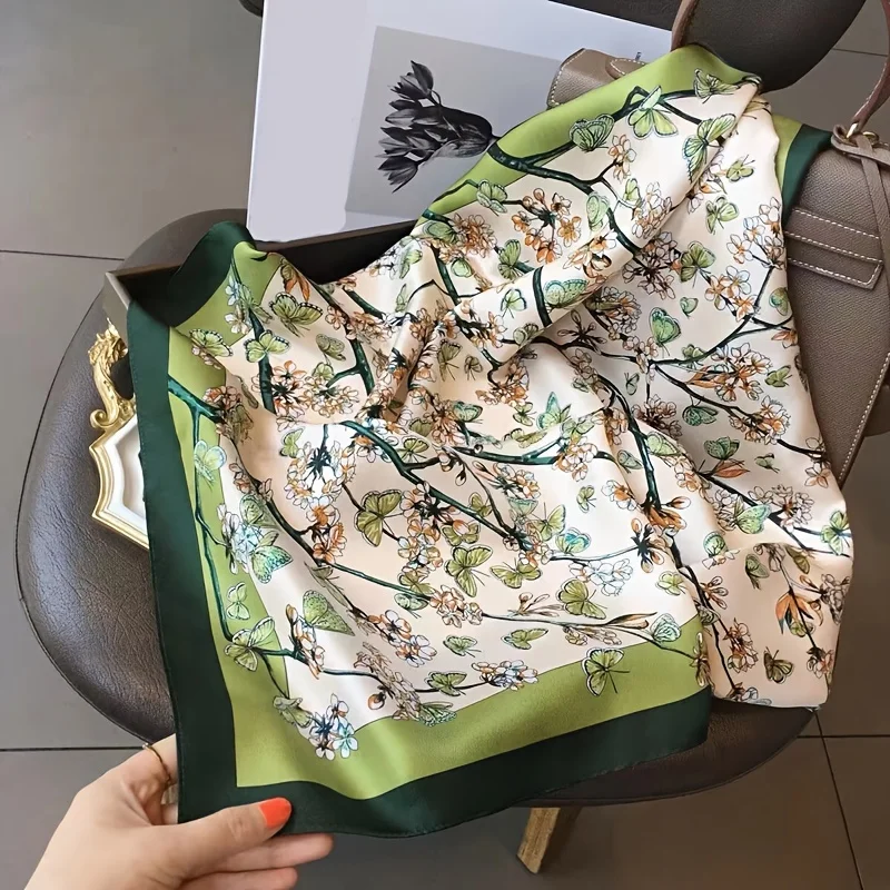 Luxury Green Plant Butterfly Printed Square Scarf Elegant Style Thin Silky Neck Scarf Spring Summer Outdoor Sunscreen Headscarf