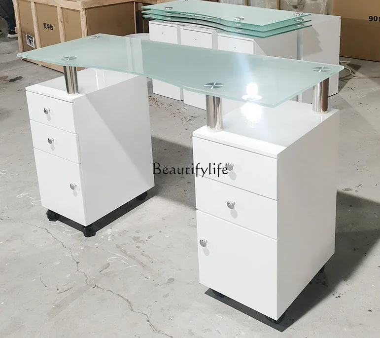06Modern Simple Plate Nail Table White Paint Nail Table Glass Surface Makeup Table