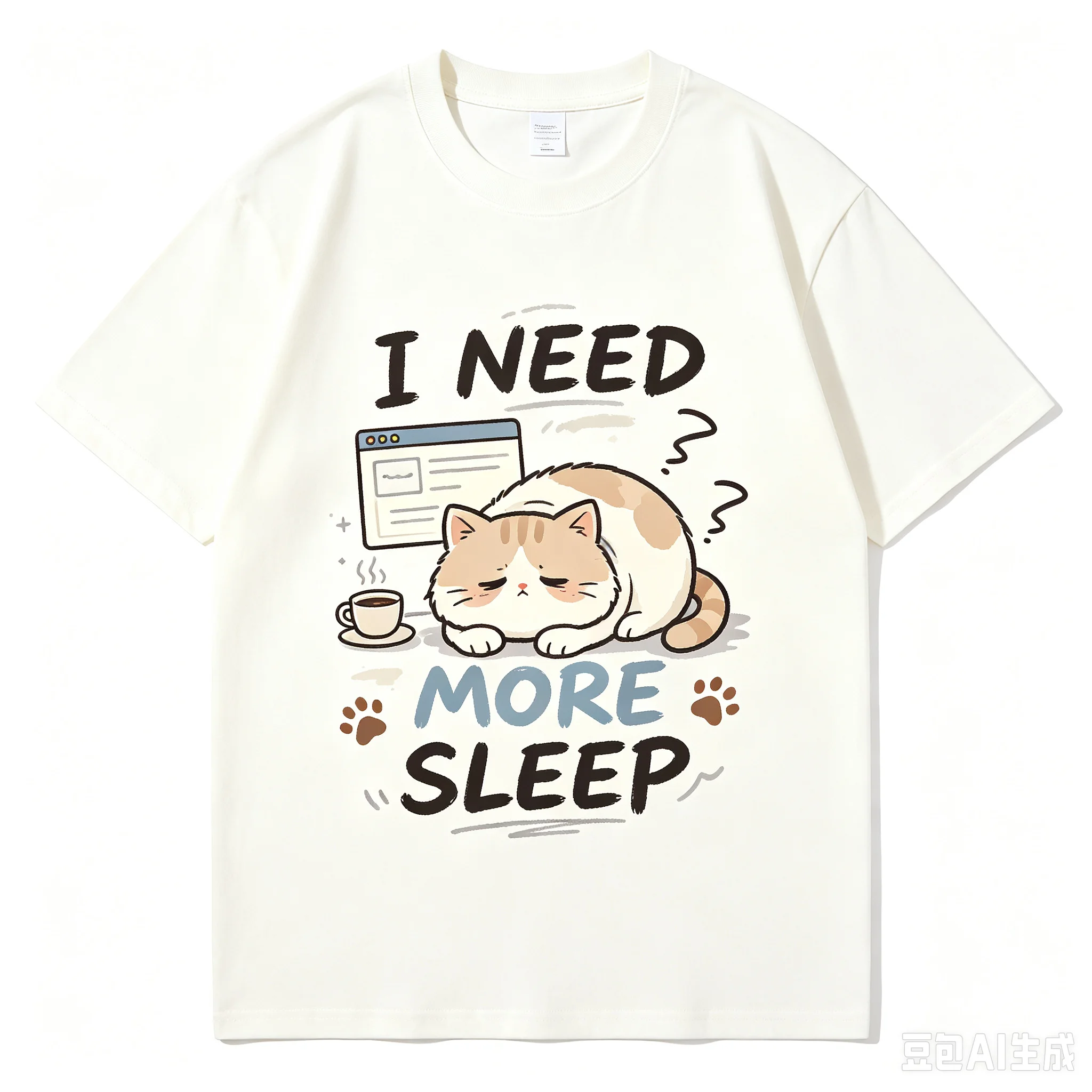 Unisex Men Women Oversized T‑Shirt I Need More Sleep Funny Sleepy Lazy Orange Cat Coffee Laptop Cartoon Print Tees Casual Loose Short Sleeve Tops Kawaii Humor Streetwear Cotton Tshirt