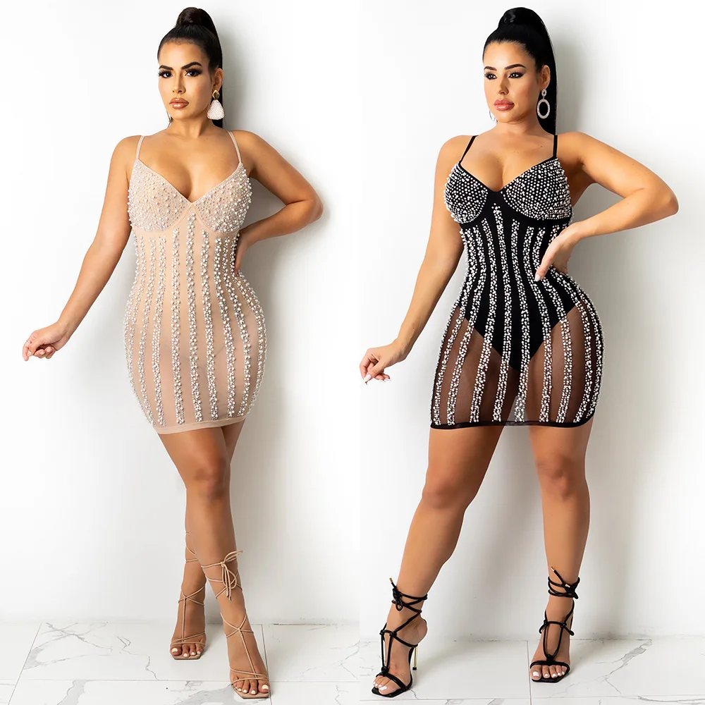 Sexy Hot Drill Nightclub Party Gathering Pearls See-Through Halter V-Neck Dresses