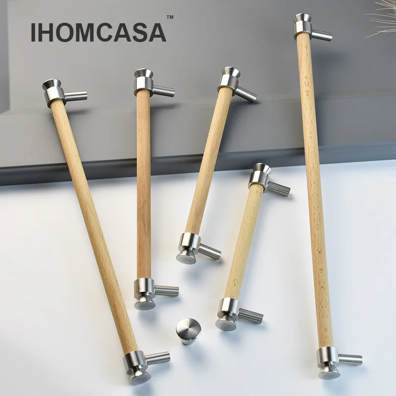 IHOMCASA Natural Wood+Golden Brass T-Bar Furniture Door Handles Wooden Handle Wardrobe Drawer Knobs Kitchen Shoe Cabinet Pulls