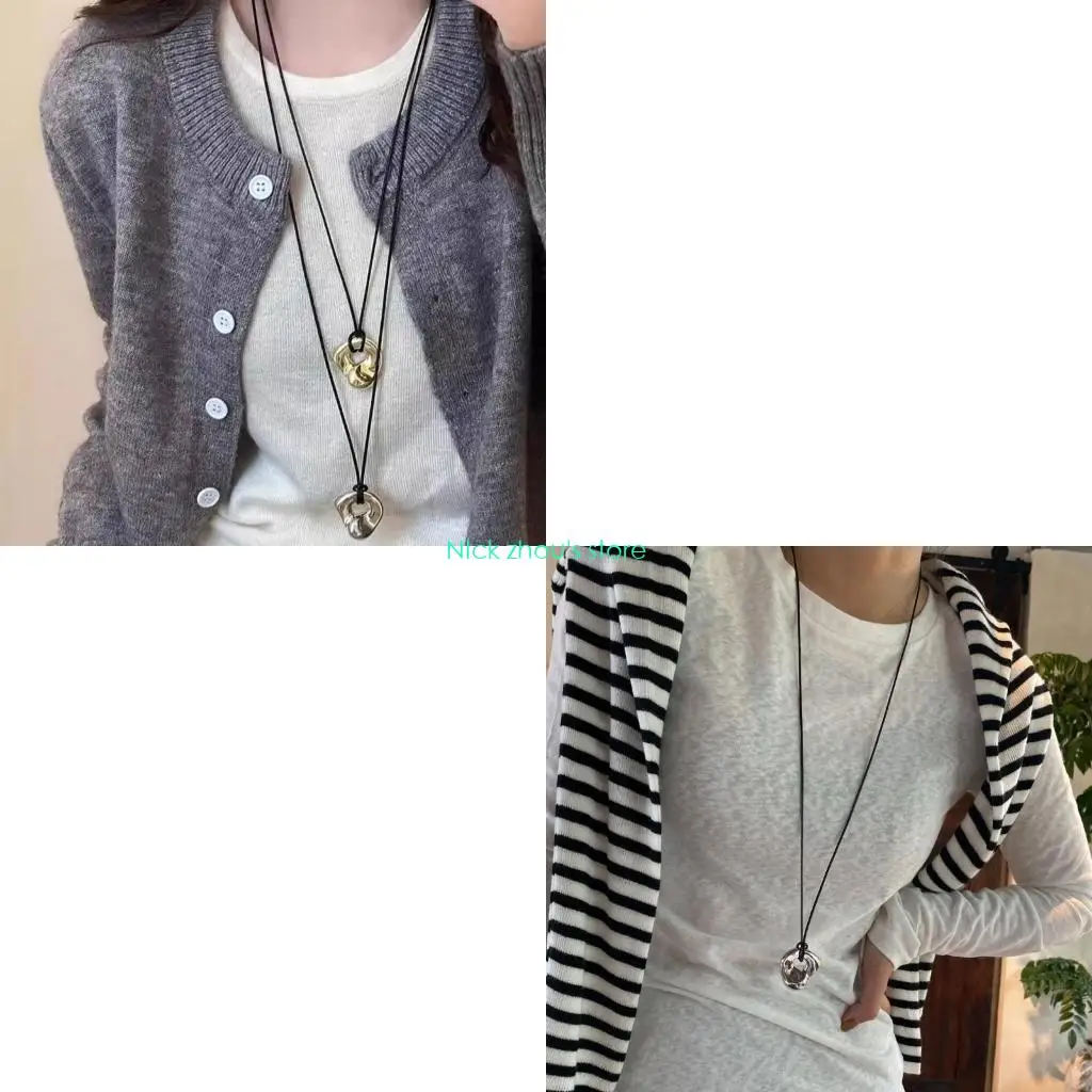 E15E Unique Abstract Pendant Necklace PU Leather Cord Neckchain Adjustable Choker
