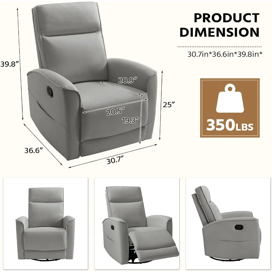 Nursery Swivel Rocker Recliner Chair, Faux Leather, Brown, 360 Rotation + Storage Pocket