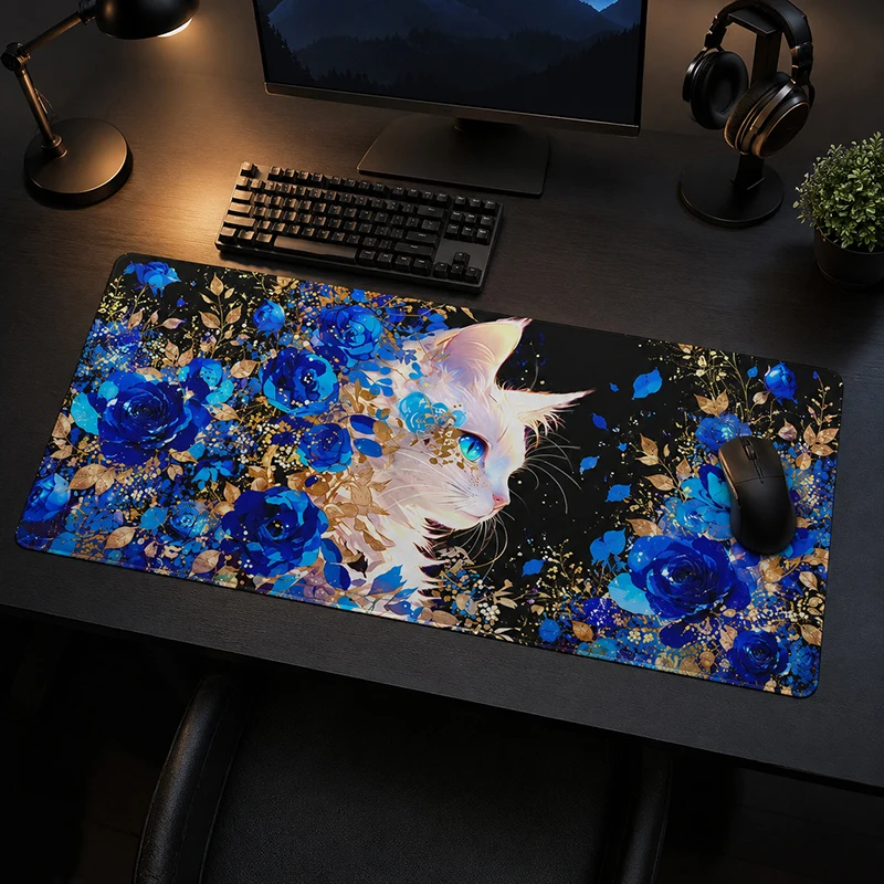 Mouse Pad Gaming White Cat with Blue Roses printon demand Custom HD Mousepad XXL Mouse Mat Office Natural Rubber PC Table Mat