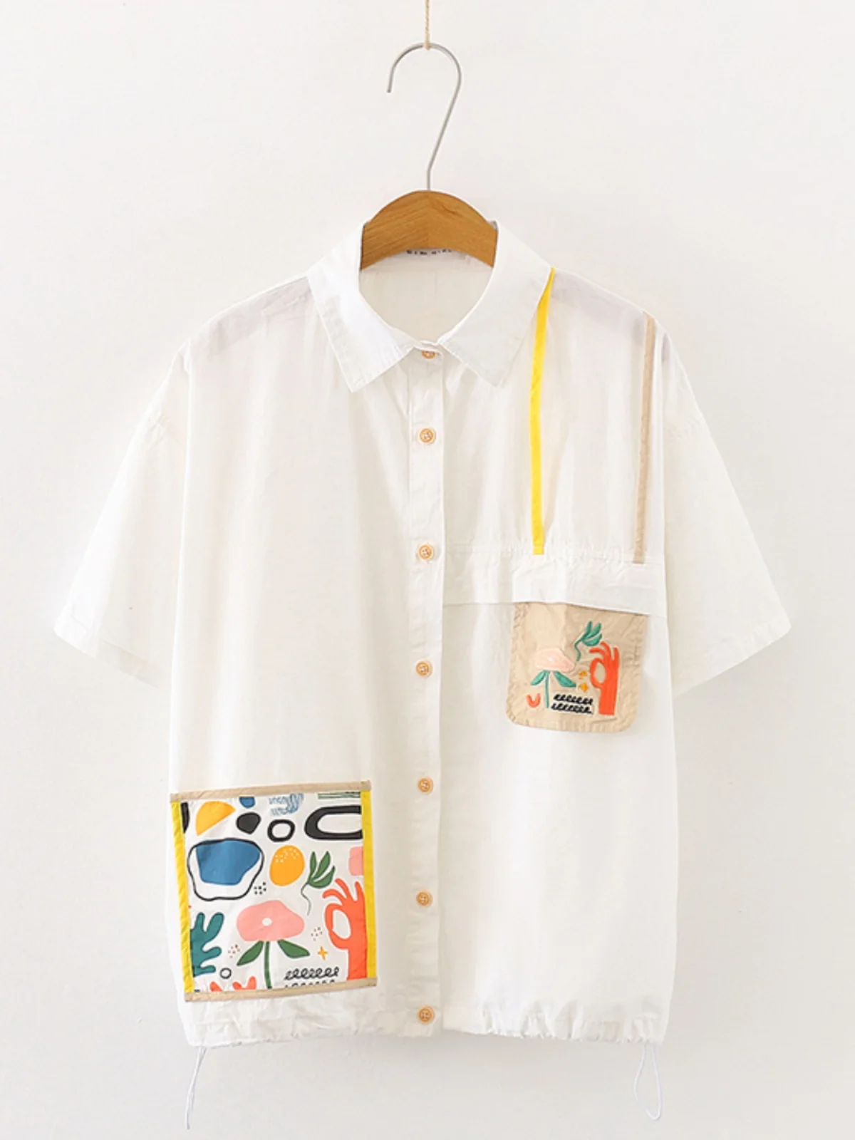 Harajuku Y2K Embroidery Cartoon Funny Lapel Shirts Summer White Cotton Single Breasted Shirt Preppy Student E-girl Kawaii Blouse view 6