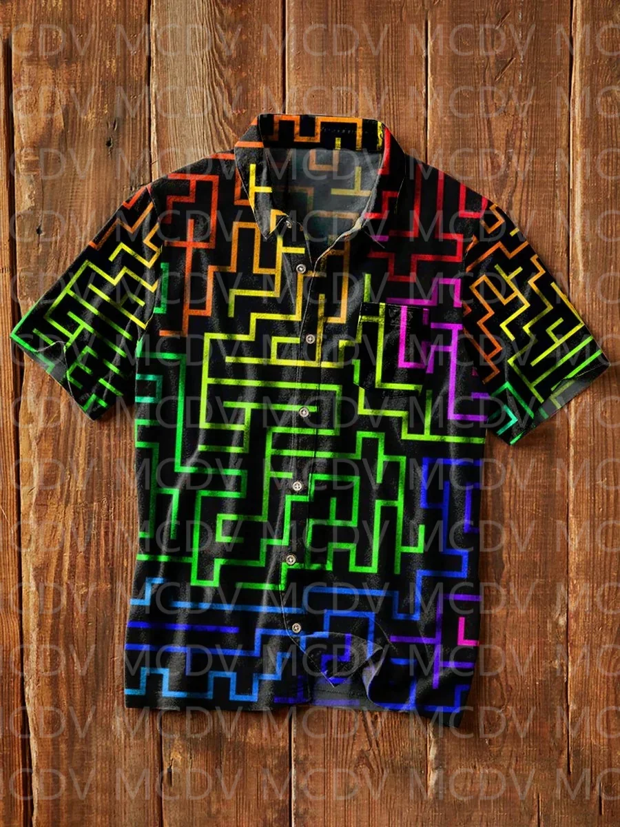 Retro Rainbow Maze Art Peacock Feathers plaid  Aloha  Tie Dye Hippie Peace And Love Graphic Men's Vacation Beach Hawaiian Shirts