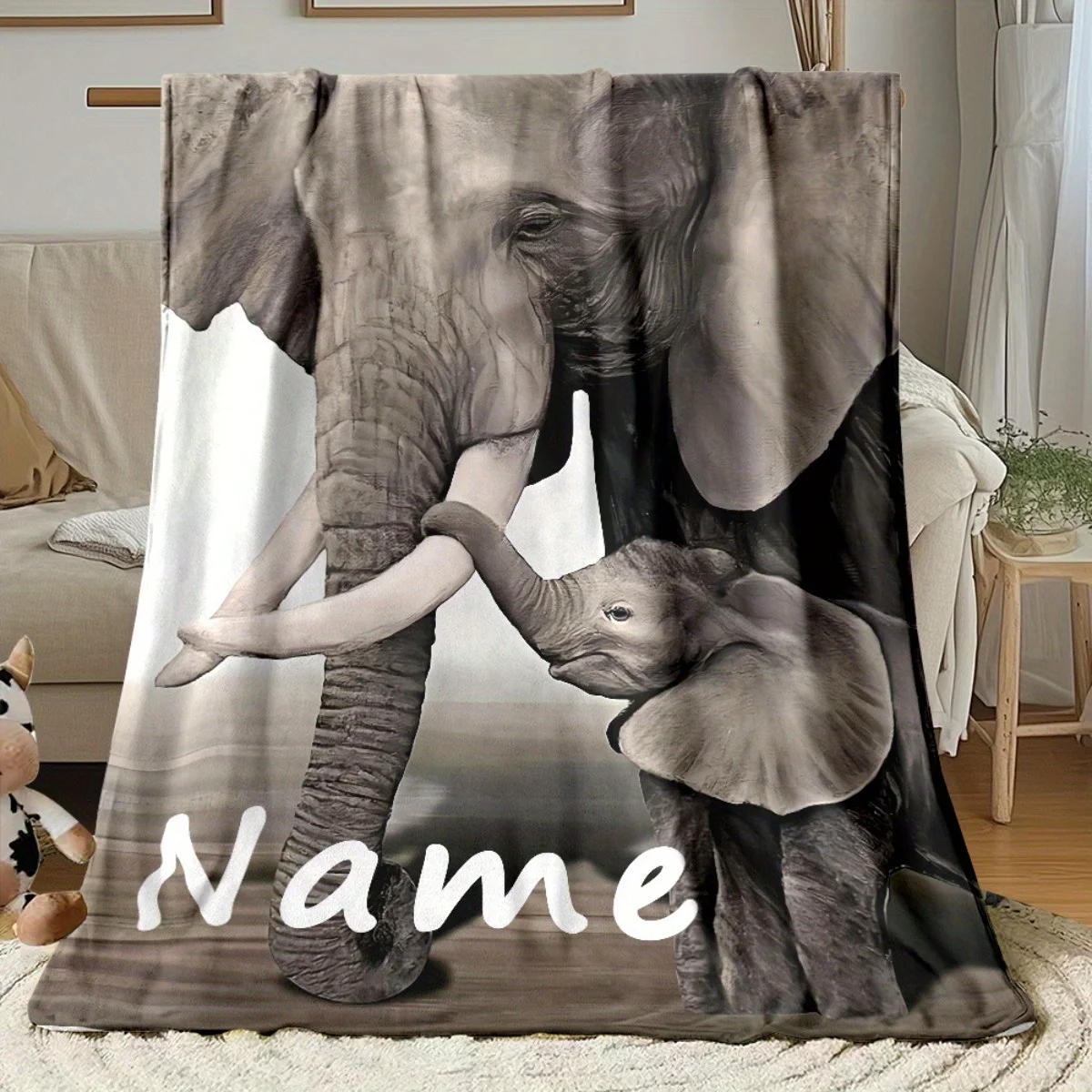 Personalized Name Elephant Family Throw Blanket for Nursery Baby Kids Animal Jungle Print Cozy Decorative Fleece Gift Keeps