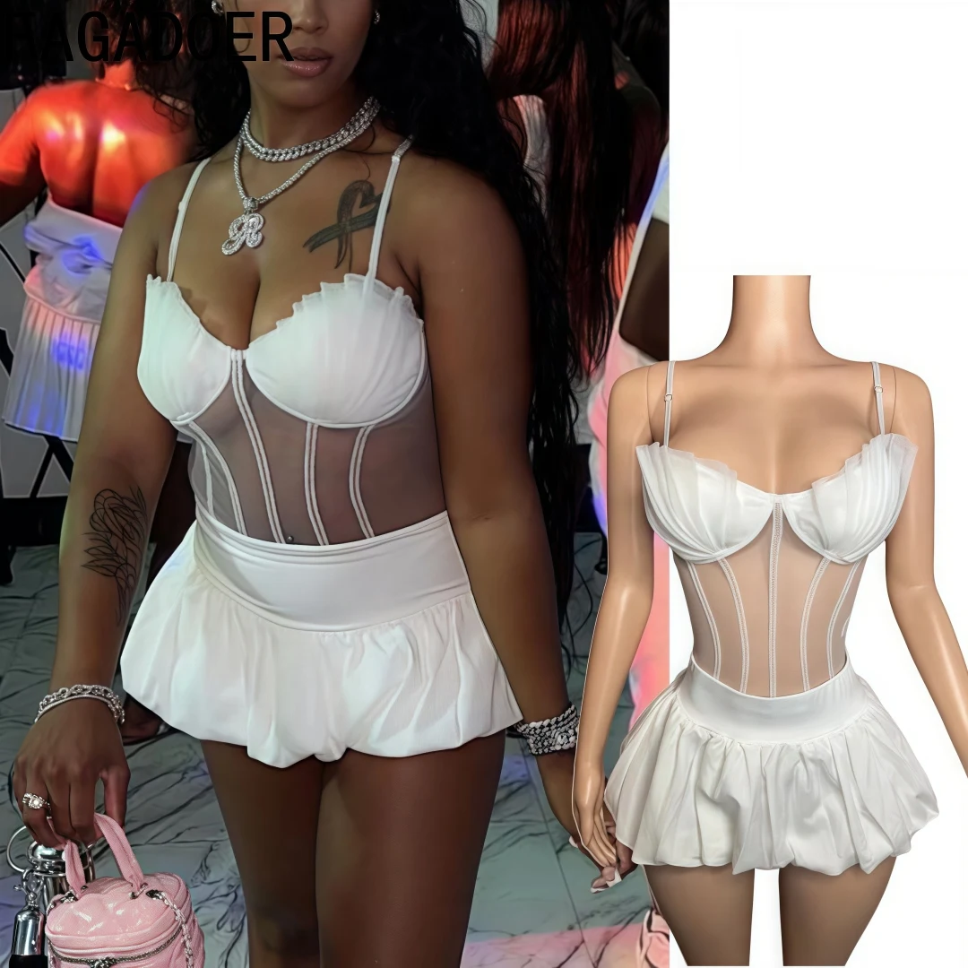 

FAGADOER Sexy Mesh Ruched Corset Vest Two Pece Sets For Women Strap Slim Crop Top And Puffy Mini Skirts Nightclub Outfits 2024