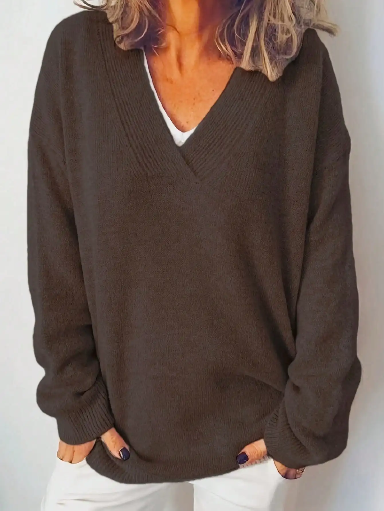 Herbst Winter Täglicher Casual Damen Übergröße V-Ausschnitt Langarm Pullover – Detail 5