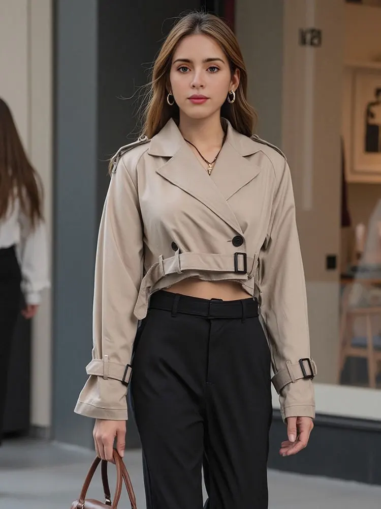 HH Women Casual Short Trench Coat Long Sleeve Notched Lapel Loose Jackets with Belt Female Elegant Button Down Outerwear
